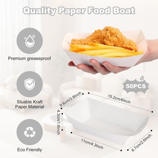 50 Pcs 2lb Paper Food Boat Trays Disposable，Snack Tray，Food Trays for Snack French Hot Dog Taco Popcorn Picnic party Wedding，Concession Stand Supplies (White)