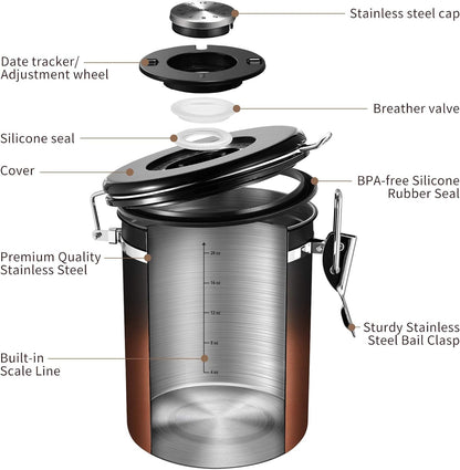 Veken Coffee Canister with Window,Airtight Stainless Steel Kitchen Food Storage Container, Date Tracker & Scoop for Grounds Coffee, Beans, Tea,Flour,Cereal,Sugar,22OZ,Copper