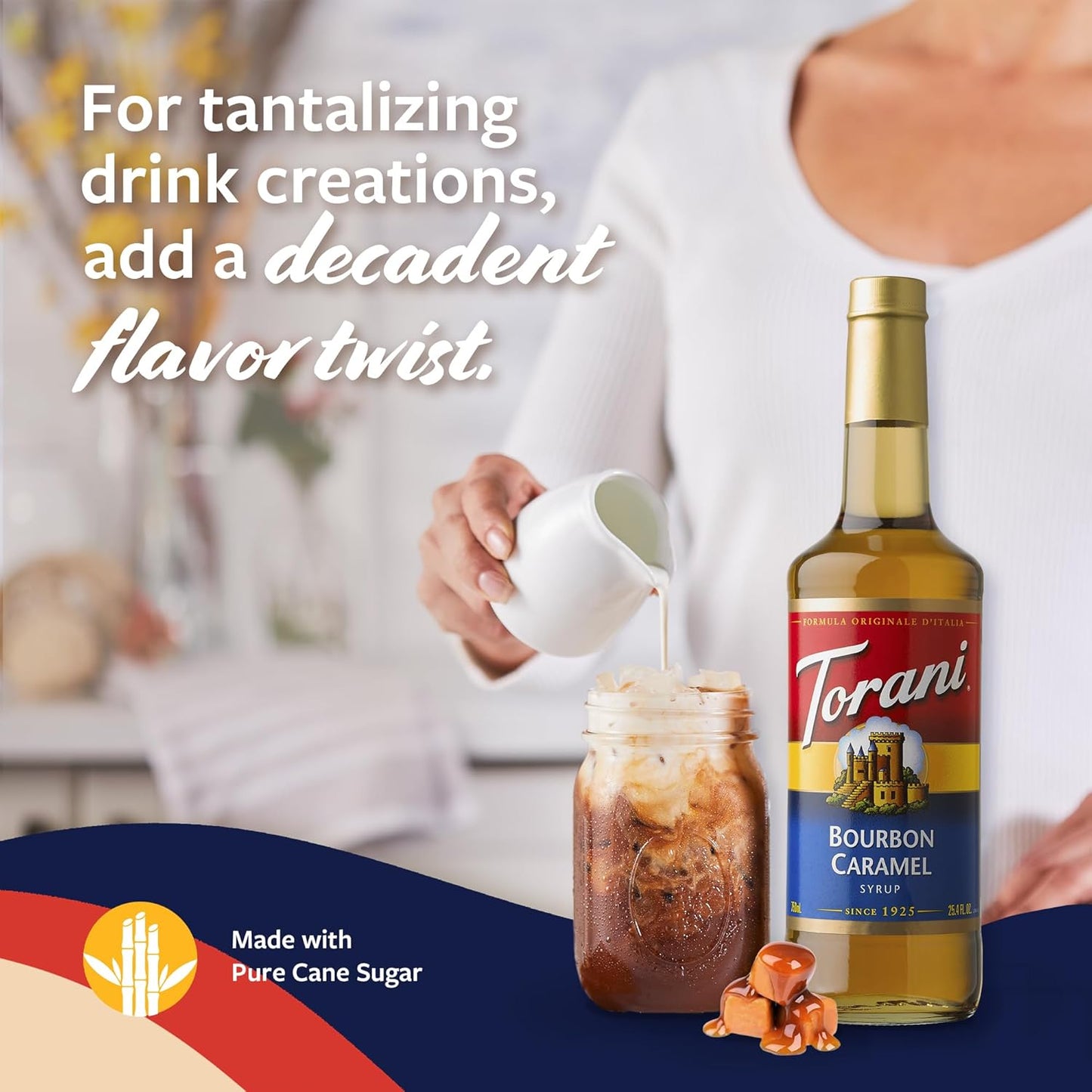 Torani Coffee Syrup, Bourbon Caramel Flavoring for Drinks, Glass Bottle with Pump Included, 25.4 Fl Oz