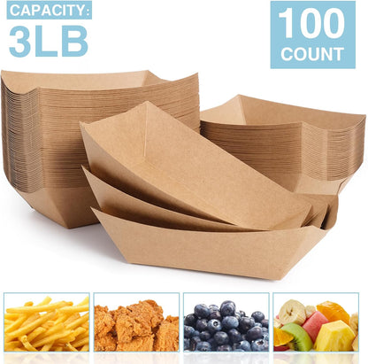 3lb Paper Food Trays, 100 Pack Disposable Paper Food Boat Serving Boats for French Fries Nachos Snack Hot Dog Taco BBQ Popcorn Bachelor Party Picnic