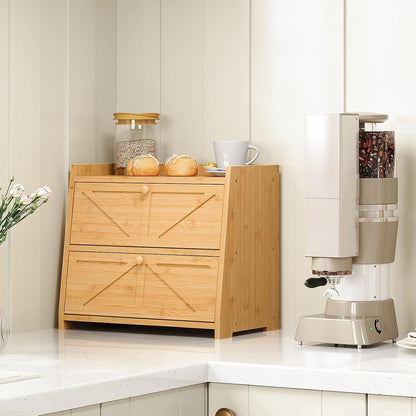 Vintage Double Layer Bread Box for Kitchen Counter Bamboo Bread Storage Container Large Capacity Bread Storage Bin (Natural Bamboo)