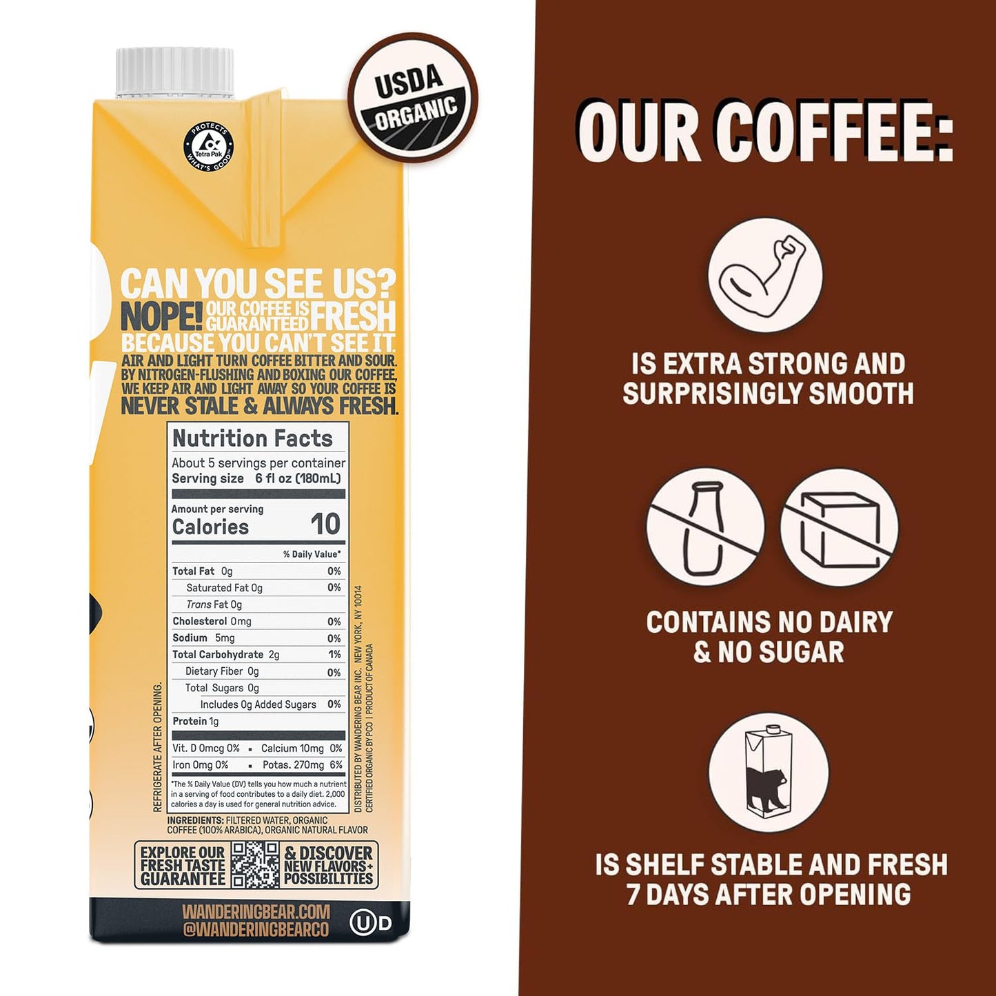 Wandering Bear Organic Caramel Cold Brew Coffee - Strong, Bold, Smooth, Unsweetened, Shelf-Stable, Ready to Drink, Gluten Free, & Vegan Iced Cold Brewed Coffee Drink - 32 fl oz, 3 pack