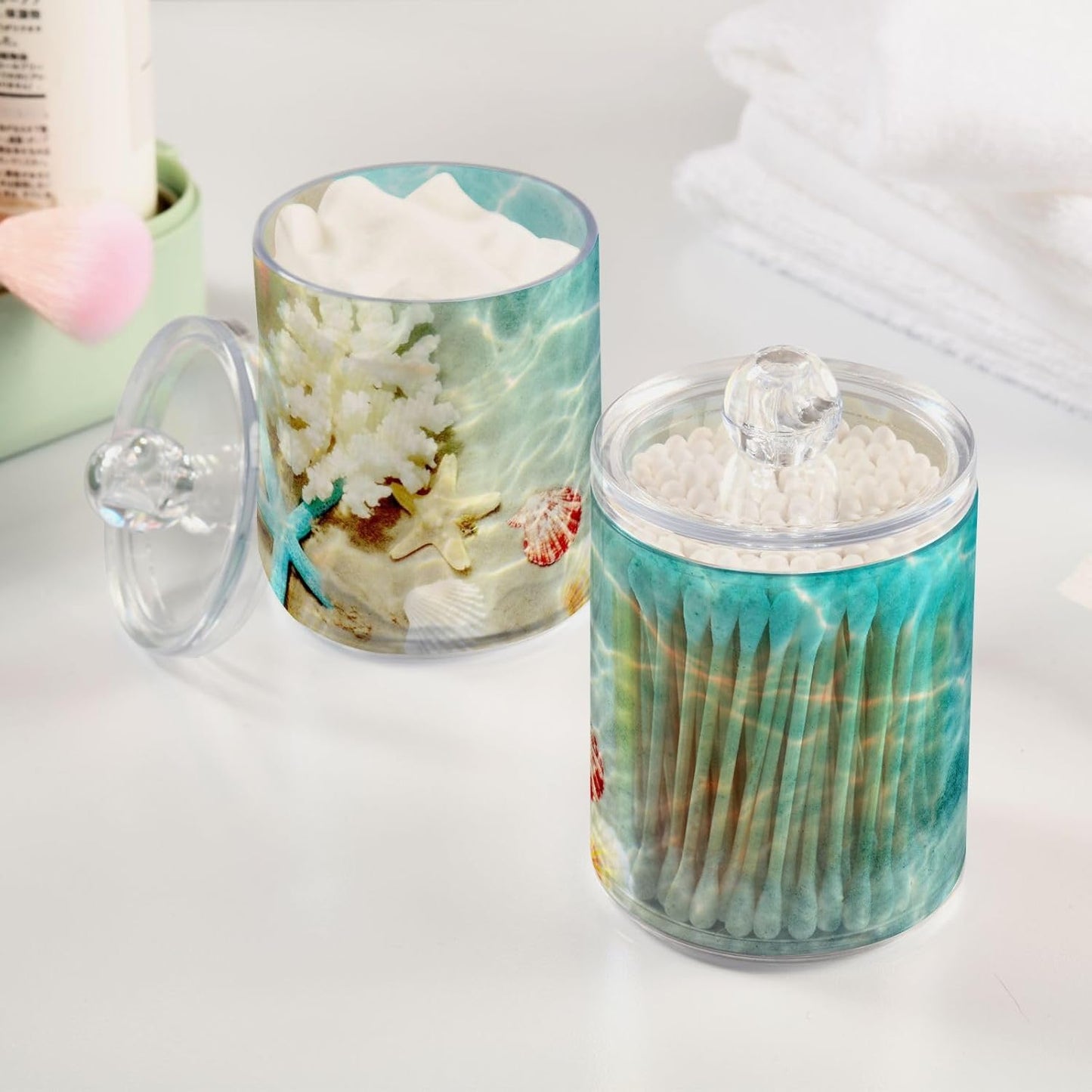 xigua Starfish Seashell Beach Qtip Holder with Lid,2Pack Clear Plastic Apothecary Jars Bathroom Storage Containers for Cotton Swab,Cotton Ball,Floss Picks,Tea,Coffee