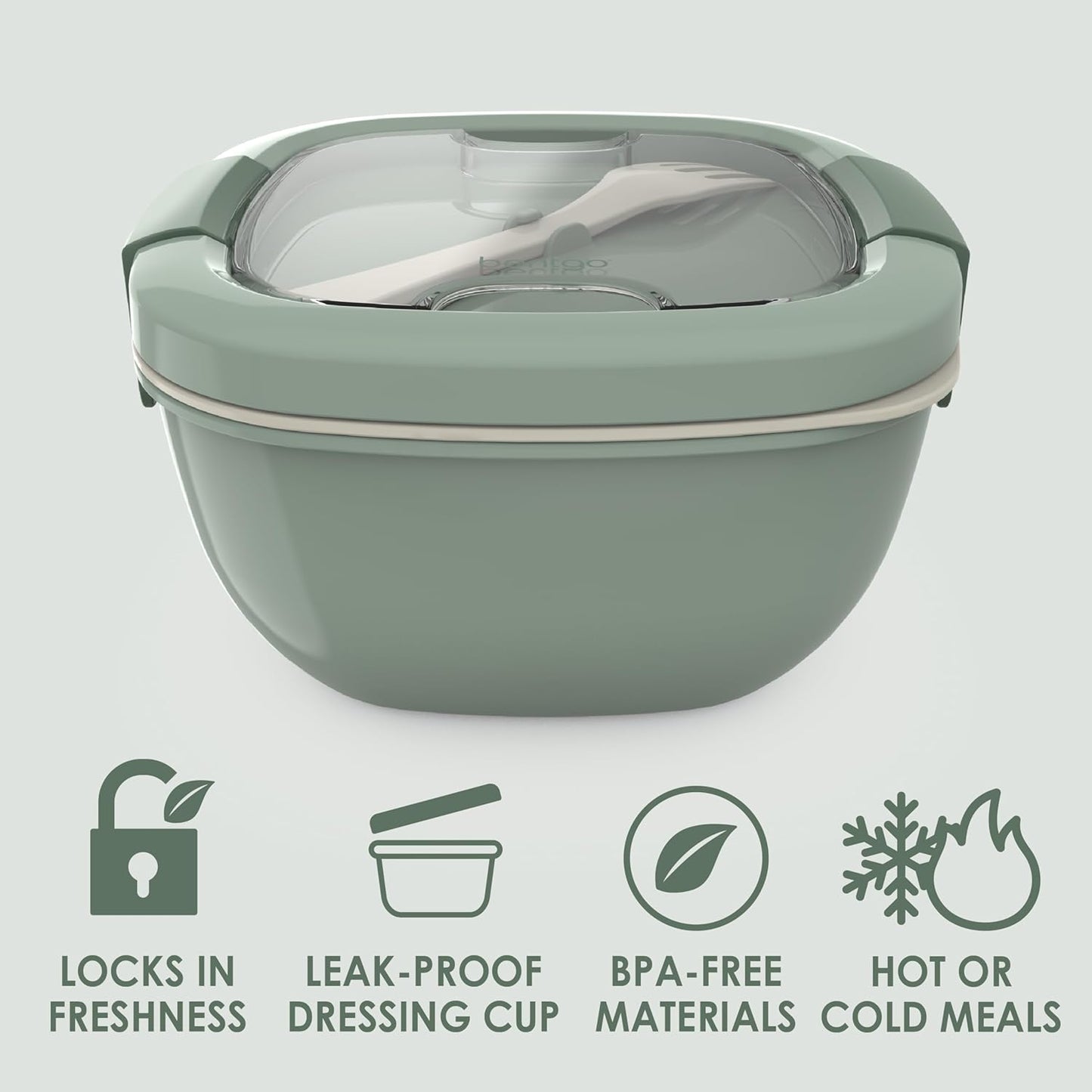 Bentgo Salad Container - 54 oz Bowl with 4-Compartment Toppings Tray, Leak-Proof Dressing Container, Reusable Fork, BPA-Free Lunch Box for Meal Prep & Food Storage; Removable Bento Tray (Khaki Green)