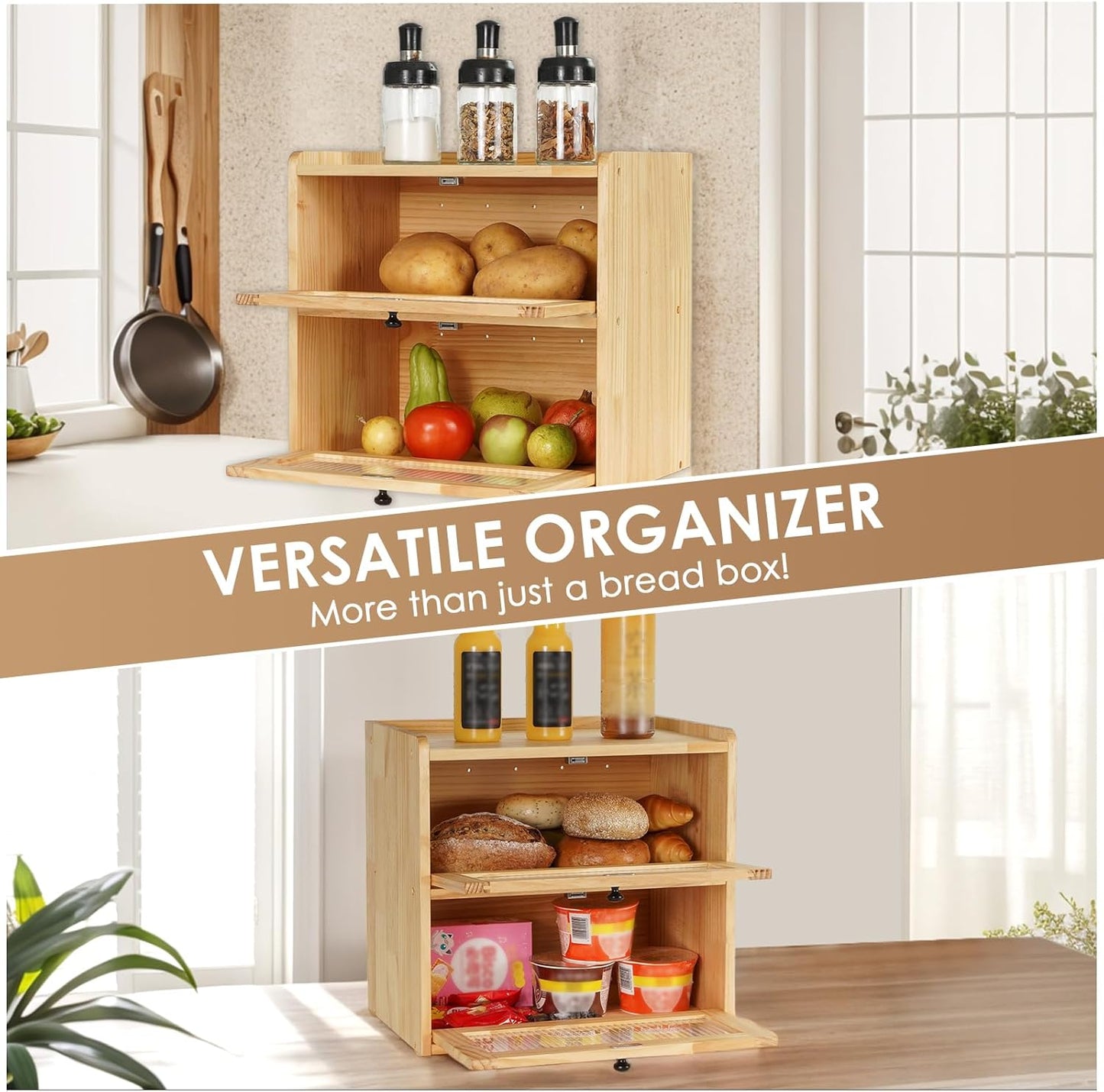 Sunhoo Bread Box for Kitchen Countertop Wooden Bread Storage Container Bin 2 Layer Breadbox Holder Large Capacity Keeper Vintage Farmhouse Food Organizer Pantry Shelf Acrylic Window（Wood color）