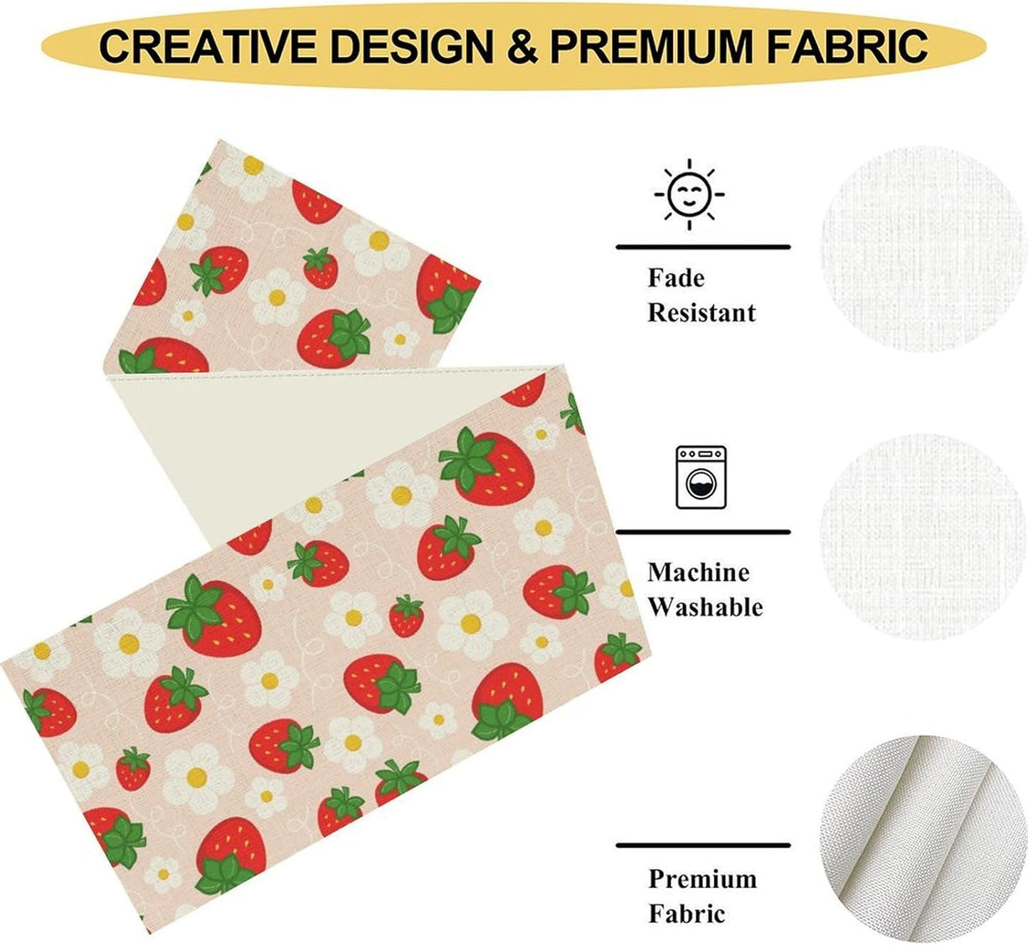 Pink Strawberry Table Runner, Spring Summer Cute Sweet Strawberry Fruits Floral Farmhouse Coffee Table Center Decor for Home Kitchen Dining Patio Holiday Party Table Decorations 13x36 inches