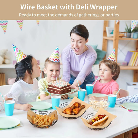 12 PCS Food Serving Wire Baskets, 9.8 x 9.8 x 1.8 Inch Wire Bread Baskets with 50 Sheets Deli Wrapper, Metal Snack Basket with Oil-Absorbing Paper for Restaurant Party
