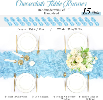 15 Packs Cheesecloth Table Runner Light Blue,10 Ft Rustic Gauze Boho Wedding Table Runner Decoration,Wedding Table Decor Table Cloth for Wedding Party Bridal Shower Table,21.5x120in