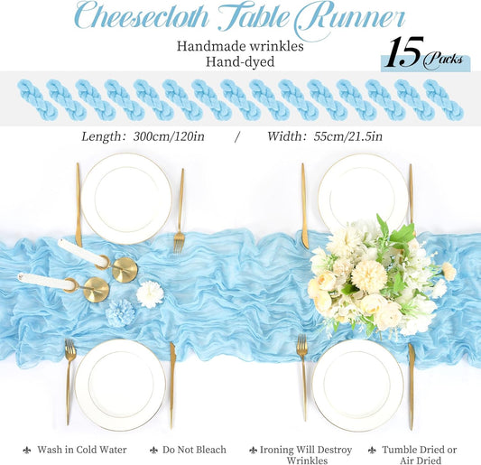15 Packs Cheesecloth Table Runner Light Blue,10 Ft Rustic Gauze Boho Wedding Table Runner Decoration,Wedding Table Decor Table Cloth for Wedding Party Bridal Shower Table,21.5x120in