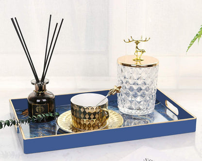 Zosenley Decorative Tray, Marbling Plastic Tray with Handles, Rectangular Vanity Tray and Serving Tray for Bathroom, Kitchen, Ottoman and Coffee Table, 15.6” x 10.2”, Blue