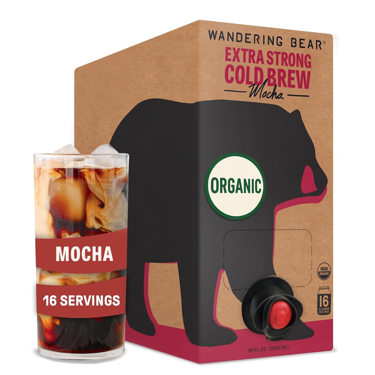 Wandering Bear Organic Mocha Cold Brew Coffee On Tap, Iced Coffee Drink - Extra Strong, Bold, Smooth, No Sugar Added, Shelf-Stable, Ready to Drink,Gluten Free & Vegan -16 Servings of 6fl.oz -96fl.oz