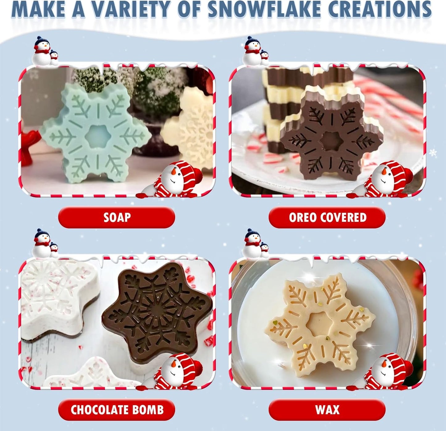 HKNMTT Snowflake Christmas Silicone Mold 12 Cavity for Holiday Soap Chocolate Cocoa Bomb Ice Candy Oreo Covered Jello Xmas Winter Wax, Oven Safe Baking Frozen Food Grade Moulds DIY Candle Craft Set