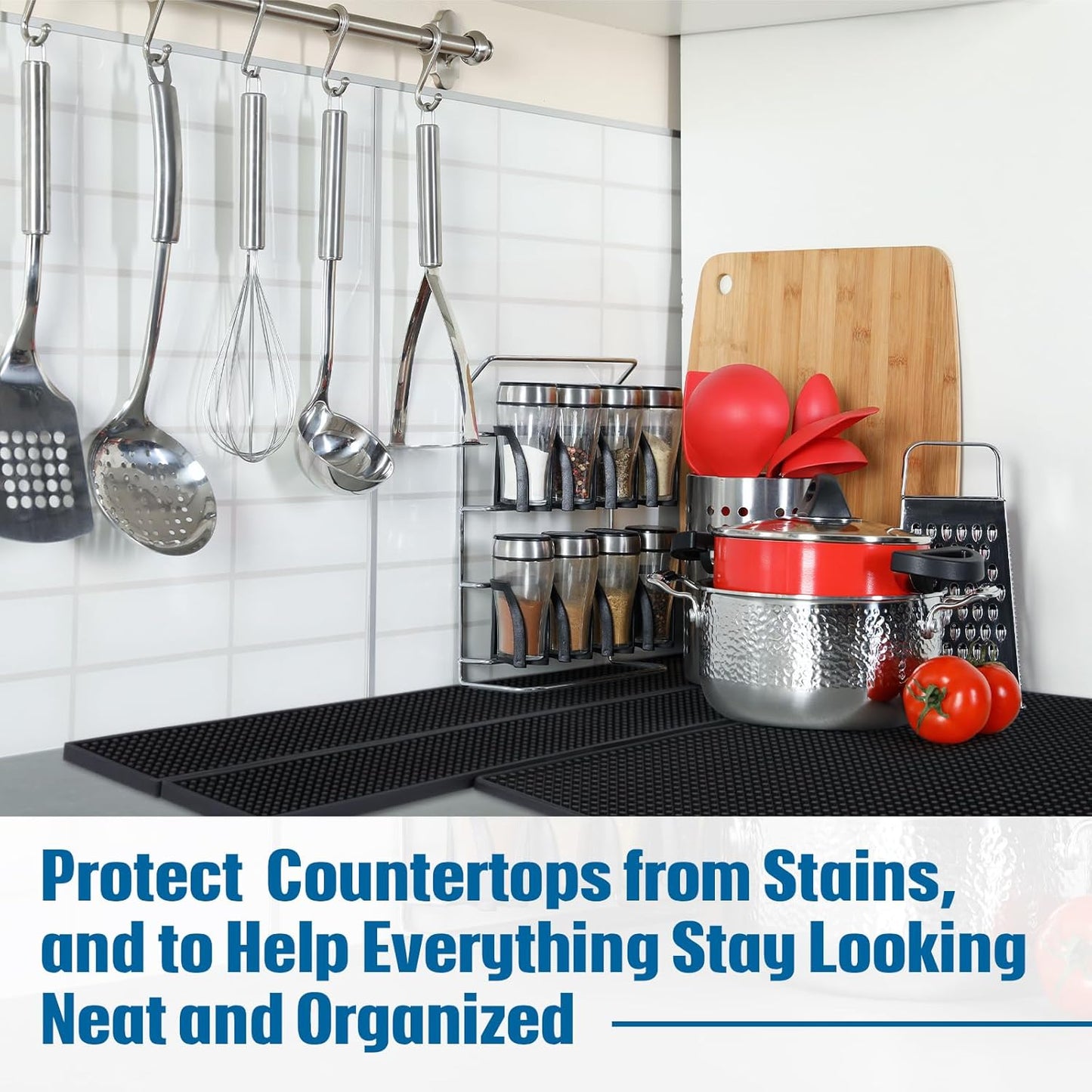 4 Pcs Thick Rubber Bar Mats for Bartending, Durable Non-Slip Spill Mat for Countertop, Home Kitchen, Coffee Bars, and Restaurants Accessories, Black(18" X 12"+24" X 3")