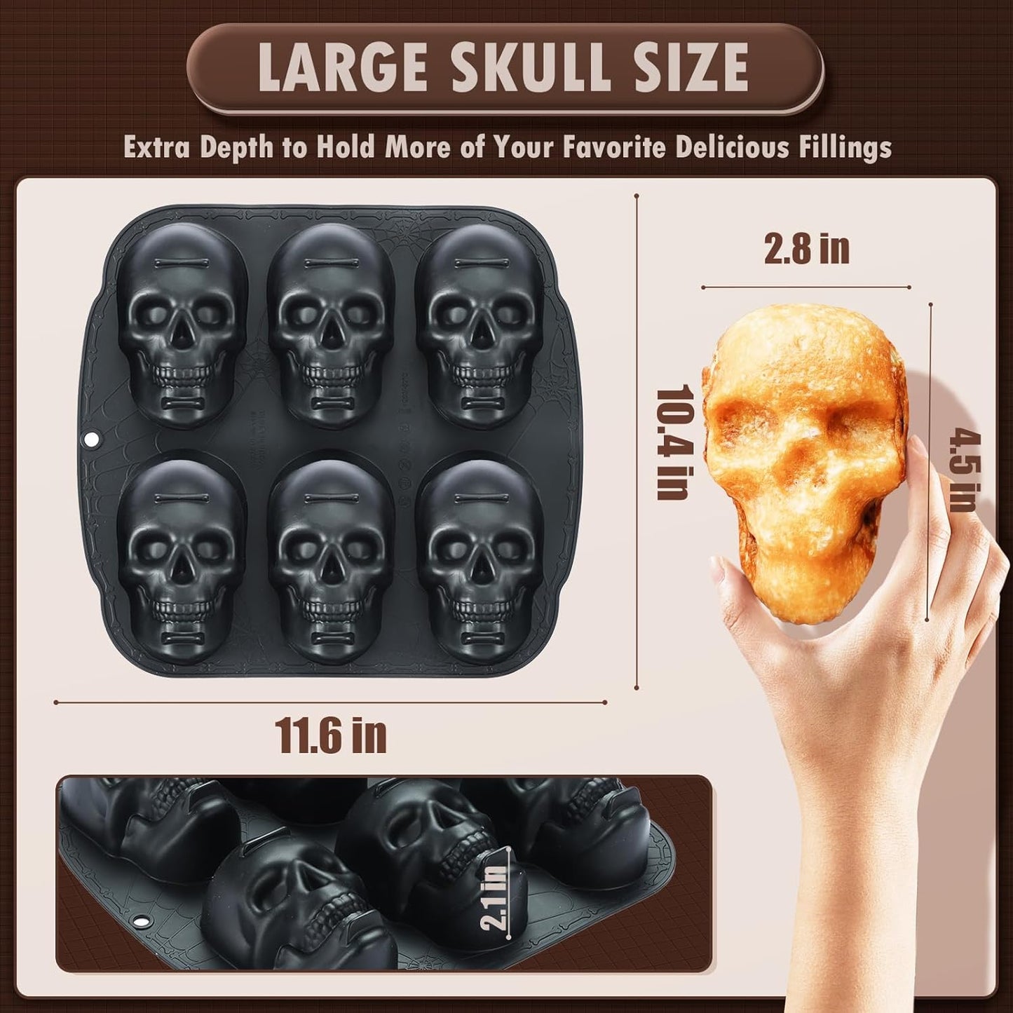 HKNMTT Skull Silicone Baking Pan for Halloween Pizza Cake, 6 Cavities 3D Large Molds, Nonstick Skeleton Head for Soap Ice Tray Oven Safe