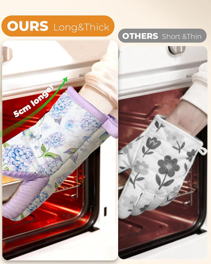 Slohif Butterfly Mini Oven Mitts Set – Purple Flower Extended Short Heat Resistant Kitchen Gloves for Women, 100% Cotton Oven Mitts with Silicone Grips, Non-Slip and Thick Durable for Cooking & Baking