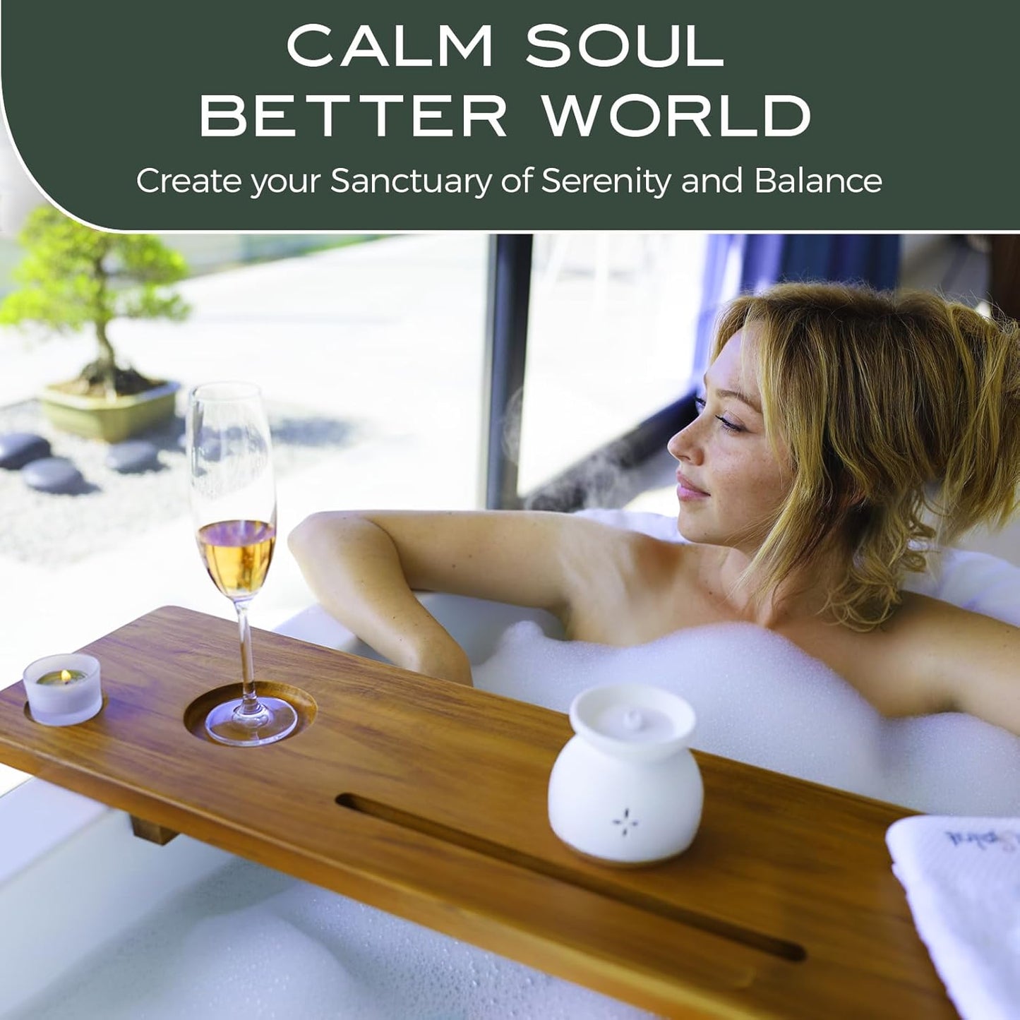 Grand Fjord | Teak Bathtub Tray for Large Soaking Tub | Extra Long 35” Luxury Bath Caddy for Freestanding Tubs | Minimalist Wooden Tub Tray with Candle Holders & Premium Towel by JapandiSpirit