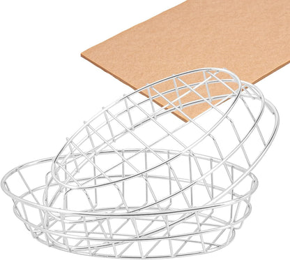 12 Pack Oval Wire Bread Basket, 9.65 x 6.1 x 2.17 Inch Metal Fast Food Baskets with 50 Sheets Deli Wrappers Paper, Metal Dinner Roll Baskets for Home & Kitchen, Serving and Storage(Silvery)
