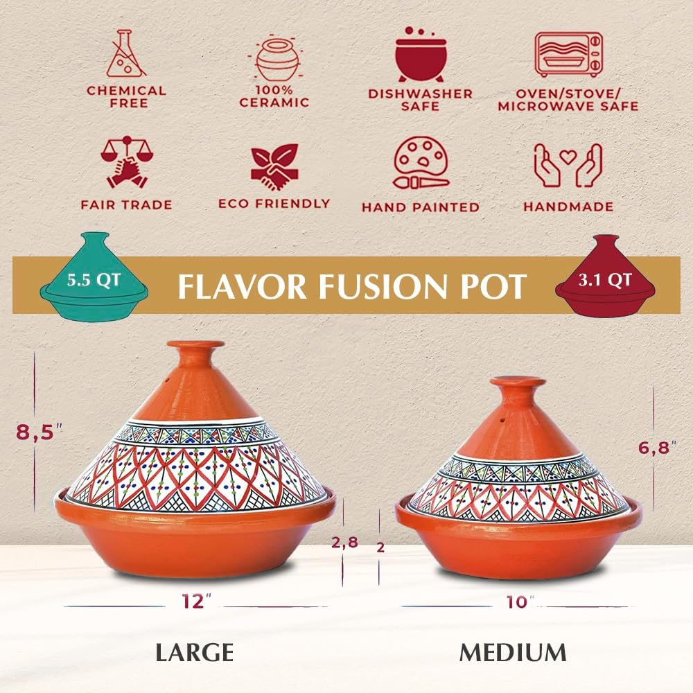 Kamsah Tagine Pot for Cooking and Flavor Enrichment - Medium Clay Pot 10”, 3.1 QT - Non-Stick Handmade Cookware - Moroccan Ceramic Pots for Cooking with Lid & Serving Bowl - Bohemian Classic Red