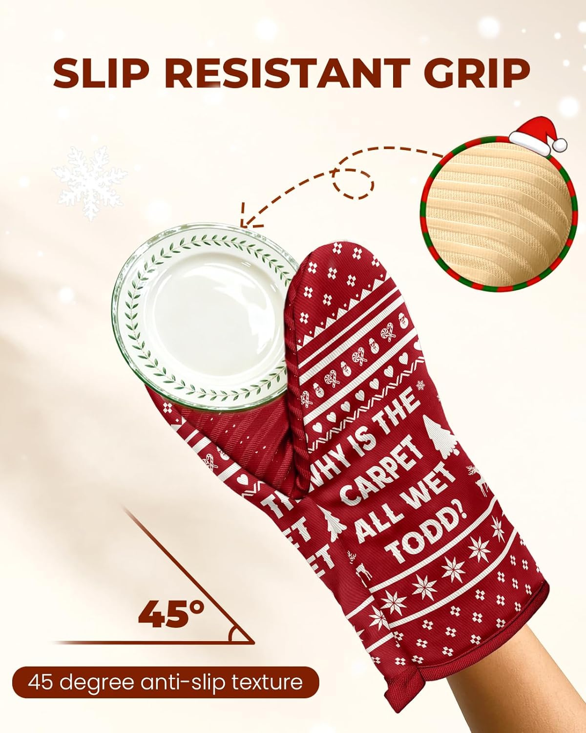 Slohif Mini Christmas Funny Oven Mitts Set – Extended Short Heat Resistant Kitchen Gloves for Women, 100% Cotton Oven Mitts with Silicone Grips, Non-Slip and Thick Durable for Cooking & Baking