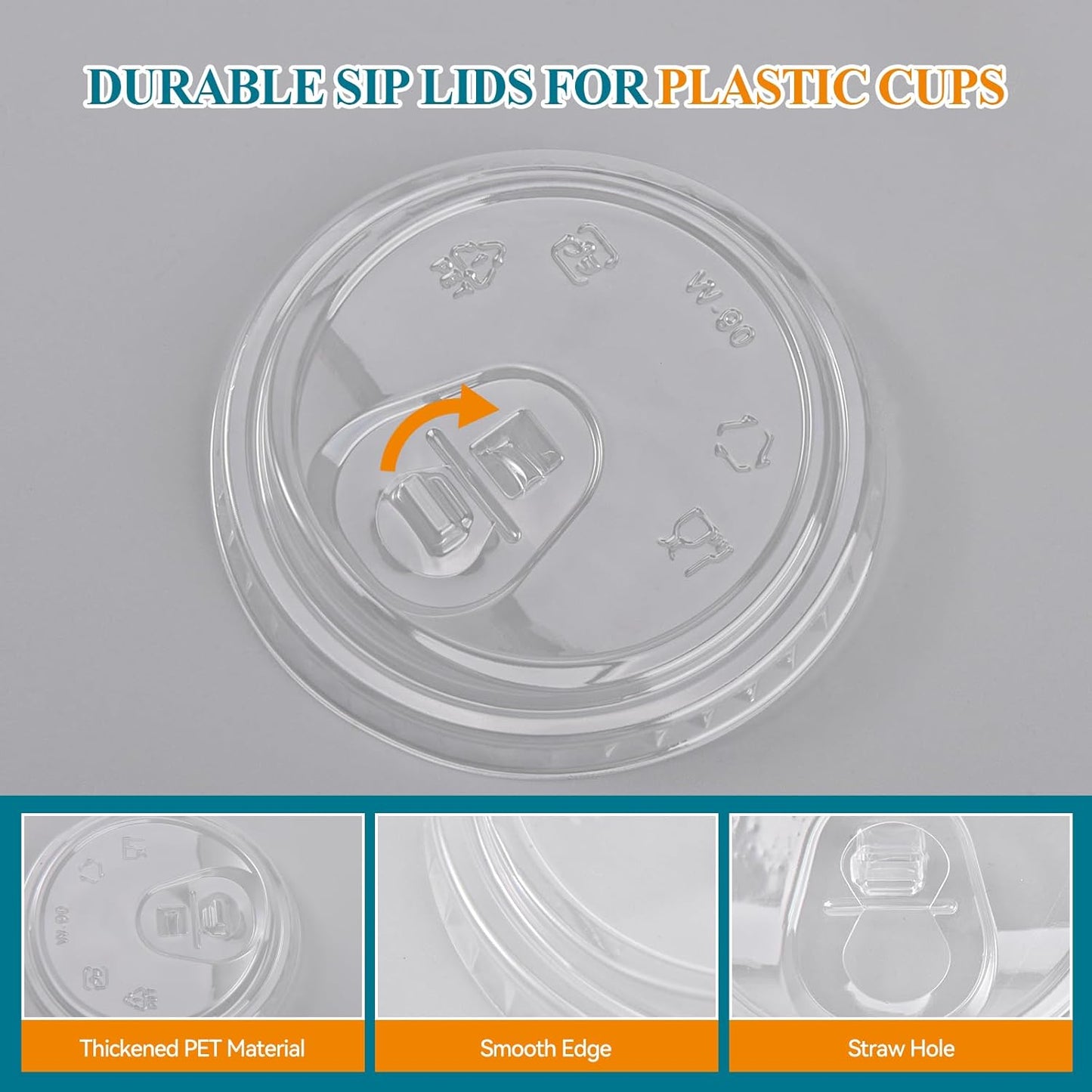 200 Count Sip Lids for Plastic Cups 90mm Strawless Clear Lids for Iced Coffee Beer Beverage Sipper Cups(White)
