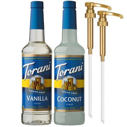 Torani Sugar Free Coconut Syrup and Sugar Free Vanilla Syrup Variety 2-Pack, Coffee Syrups for Drinks, Pumps Included, 25.4 Fl Oz Ea