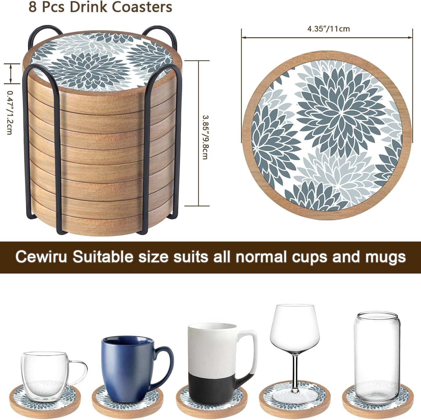 Wood Coasters Set of 8 with Holder, Cewiru Cup Mat for Drinks, Absorbent Coasters with Felt Insert for Coffee Table Protection, Modern Style Home Dining Table Decor, 4.3" Gray