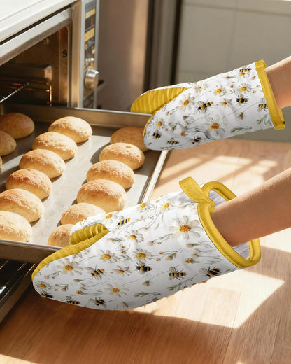 Slohif Bee Mini Oven Mitts Set – Yellow Extended Short Heat Resistant Kitchen Gloves for Women, 100% Cotton Oven Mitts with Silicone Grips, Non-Slip and Thick Durable for Cooking & Baking