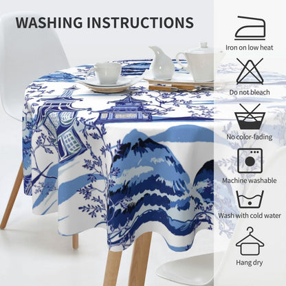 Japanese Tablecloth, Blue Traditional Vintage Landscape Oriental Temple Chinoiserie Water Resisitant Wipeable Table Cover for Dining Kitchen Living Room Home Party Holiday Decor 60 inch Round