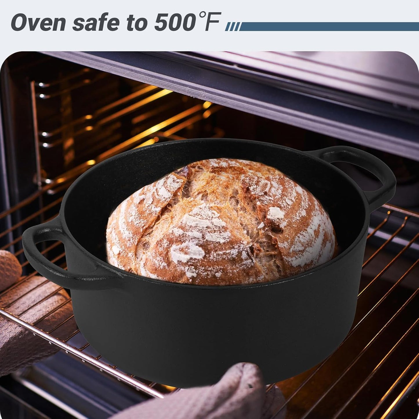 6 QT Basics Cast Iron Dutch Oven Pot with Lid and Dual Handles, Oven Safe up to 500°F Large Cooking Pan,Bread Oven
