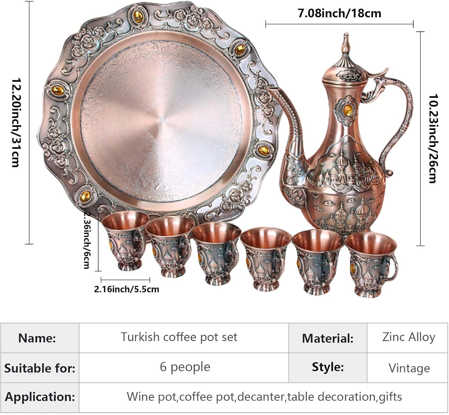 Vintage Turkish Coffee Pot Set for 6 Including Tray and Teapot,Metal Cups,Teapot and Cup Set for One,Tea Service Set for Home Tea Table Decor,Wedding Ornaments(Copper)