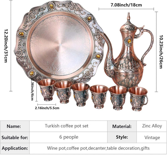 Vintage Turkish Coffee Pot Set for 6 Including Tray and Teapot,Metal Cups,Teapot and Cup Set for One,Tea Service Set for Home Tea Table Decor,Wedding Ornaments(Copper)
