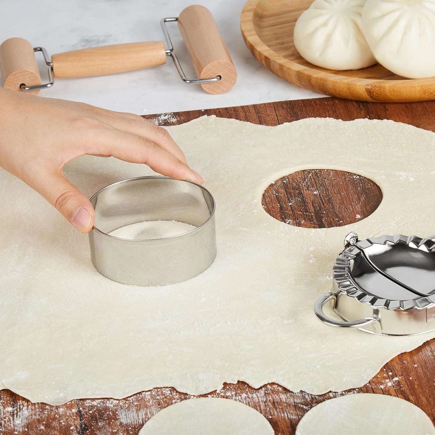 MacaRio Bamboo Steamer Basket Set 10 inch Dumpling Steamer for Cooking with Side Handles Ring Adapter Roller Dumpling Cutter & Press Liners for Dim Sum Dumplings Buns Seafoods Vegetables Rice