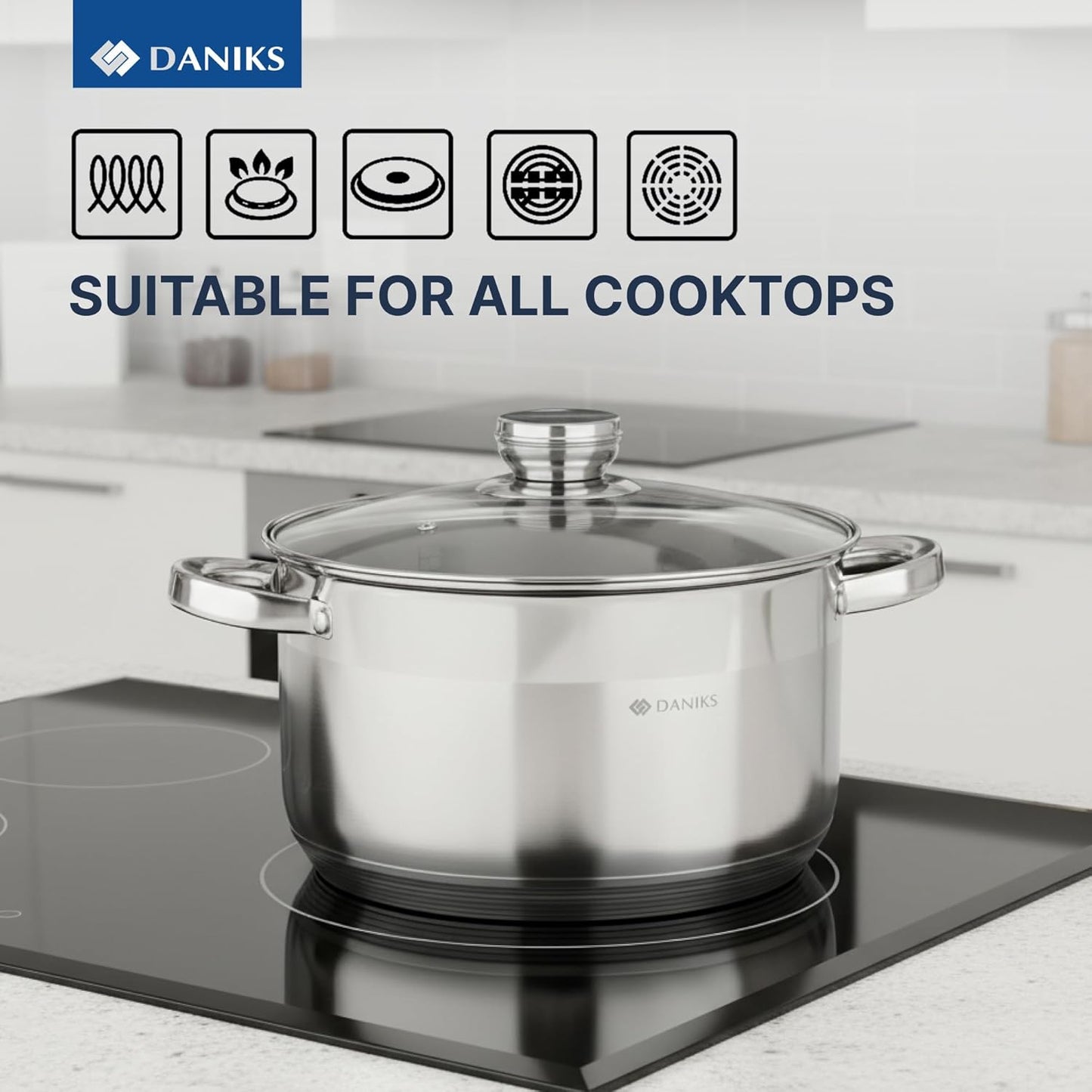Daniks Standard Stainless Steel Stock Pot with Glass Lid – Induction 7 Quart, Dishwasher Safe, Measuring Scale, For Soup, Pasta, Stew, Silver