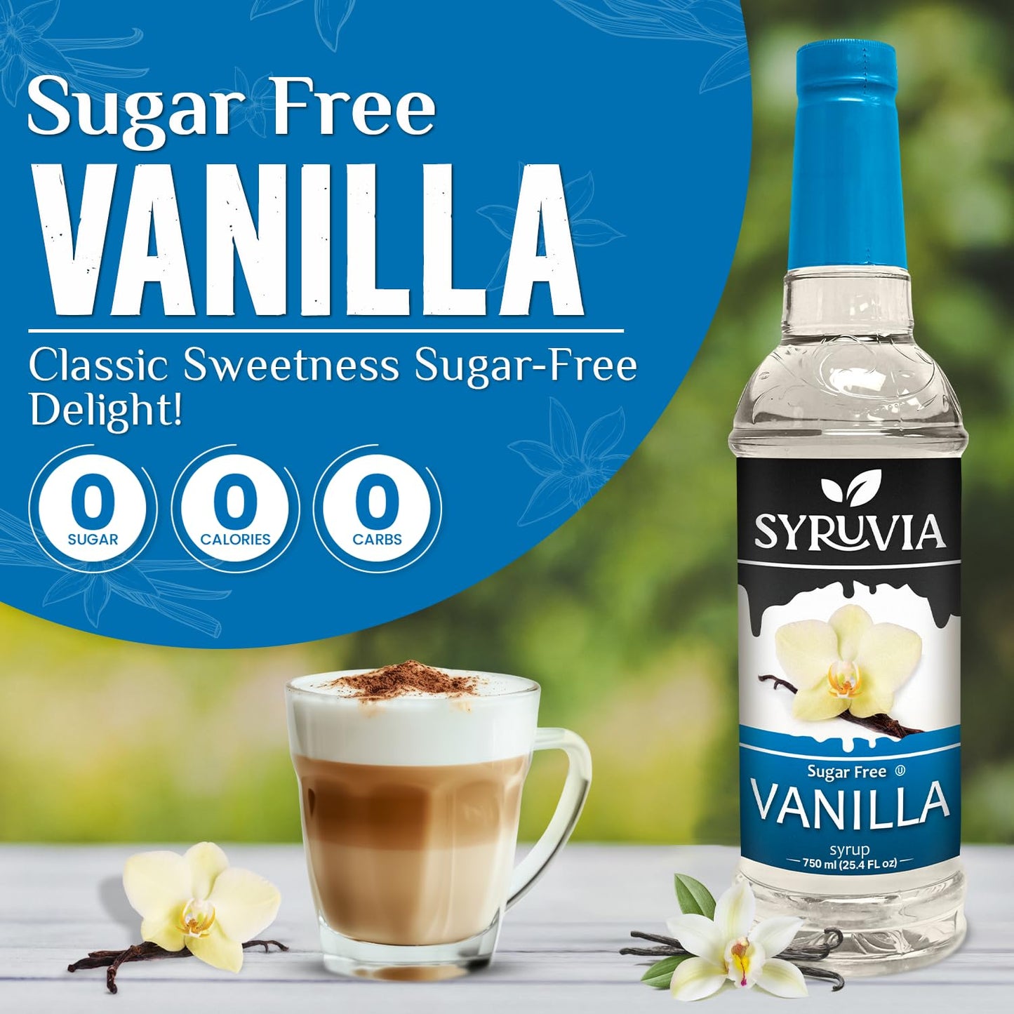 Syruvia Sugar Free Coffee Syrup, Vanilla Flavored Syrup for Drinks, Lattes, and Desserts – 25.4 fl oz