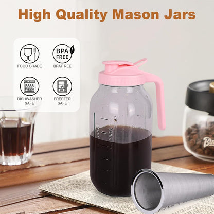 Cold Brew Coffee Maker，64 oz Wide Mouth Mason Jar Pitcher with Stainless Steel Filter, Pour Spout Handle Lid, Heavy Duty Glass Airtight & Leak-Proof for Iced Coffee & Tea Lemonade-Pink