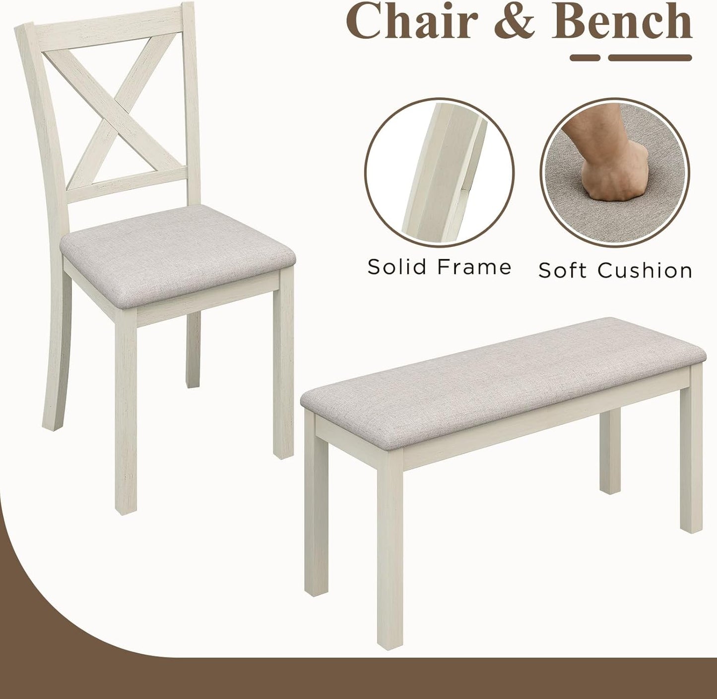 6-Piece Solid Wood Dining Table Set, Upholstered Chair w/Bench Seat, Seating for 6,60'' Farmhouse Wood Kitchen Chairs Set for Living Room, Dining Room, Kitchen, Cream White