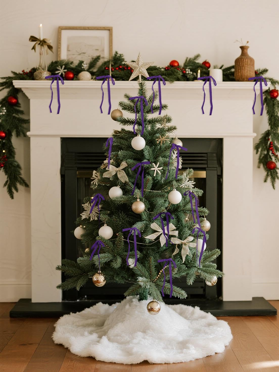 SIMISI RIBBON 24Pcs Purple Christmas Velvet Ribbon Bows Decorations Xmas Ornaments Vintage Decor for Tree, Wreath, Garland (3/8'' Width, 5 * 7 inch)
