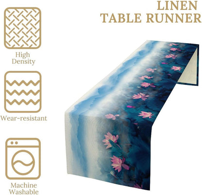 Chinoiserie Vintage Table Runner, Asian Landscape Mountain Fall Seasonal House Wash Lotus Trees Kitchen Dining Table Decoration for Home Party Decor 13x120 Inch