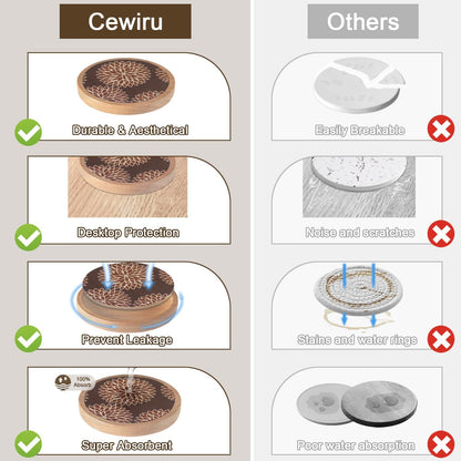 Wood Coasters Set of 6 with Holder, Cewiru Cup Mat for Drinks, Absorbent Coasters with Felt Insert for Coffee Table Protection, Modern Style Home Dining Table Decor, 4.3" Brown