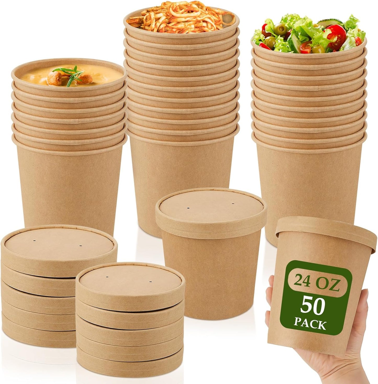 Sabary 50 Pack 24 oz Paper Soup Containers with Lid Disposable Kraft Soup Food Bowl Microwavable Food Storage Ice Cream Containers Nice for Restaurants(Brown)