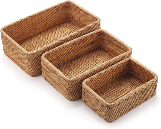 Natural Rattan Fruit Storage Baskets Rectangular Woven Wicker Box for Key Holder Remote Stackable Natural Set of 3