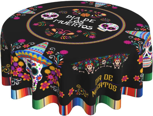 Mexican Round Tablecloth, Traditional Colorful Skull Floral Dia De Los Muertos Azulejo Mosaic Mexico Water Resisitant Table Cover for Dining Kitchen Living Room Home Party Holiday Decor 36 inch Round