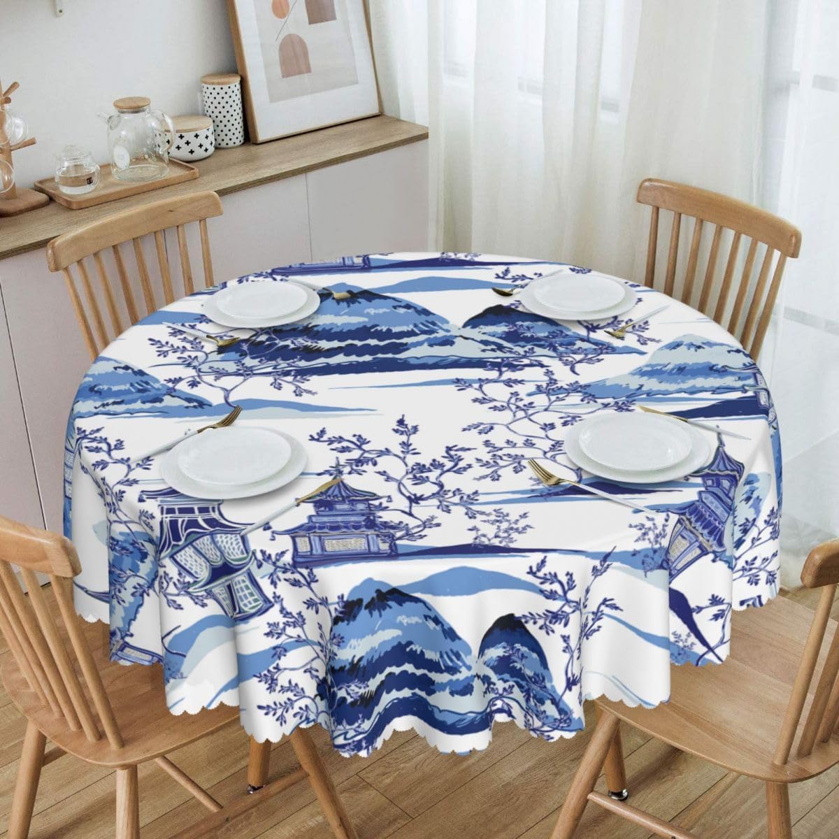 Japanese Tablecloth, Blue Traditional Vintage Landscape Oriental Temple Chinoiserie Water Resisitant Wipeable Table Cover for Dining Kitchen Living Room Home Party Holiday Decor 60 inch Round