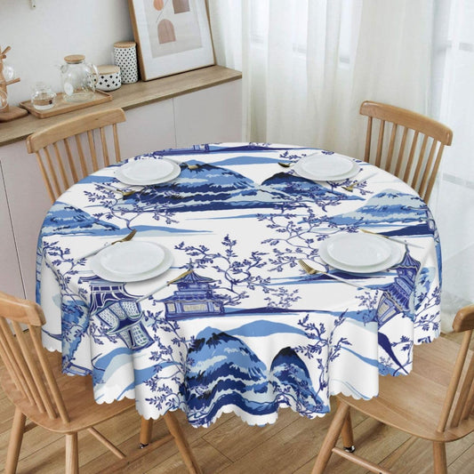 Japanese Tablecloth, Blue Traditional Vintage Landscape Oriental Temple Chinoiserie Water Resisitant Wipeable Table Cover for Dining Kitchen Living Room Home Party Holiday Decor 36 inch Round