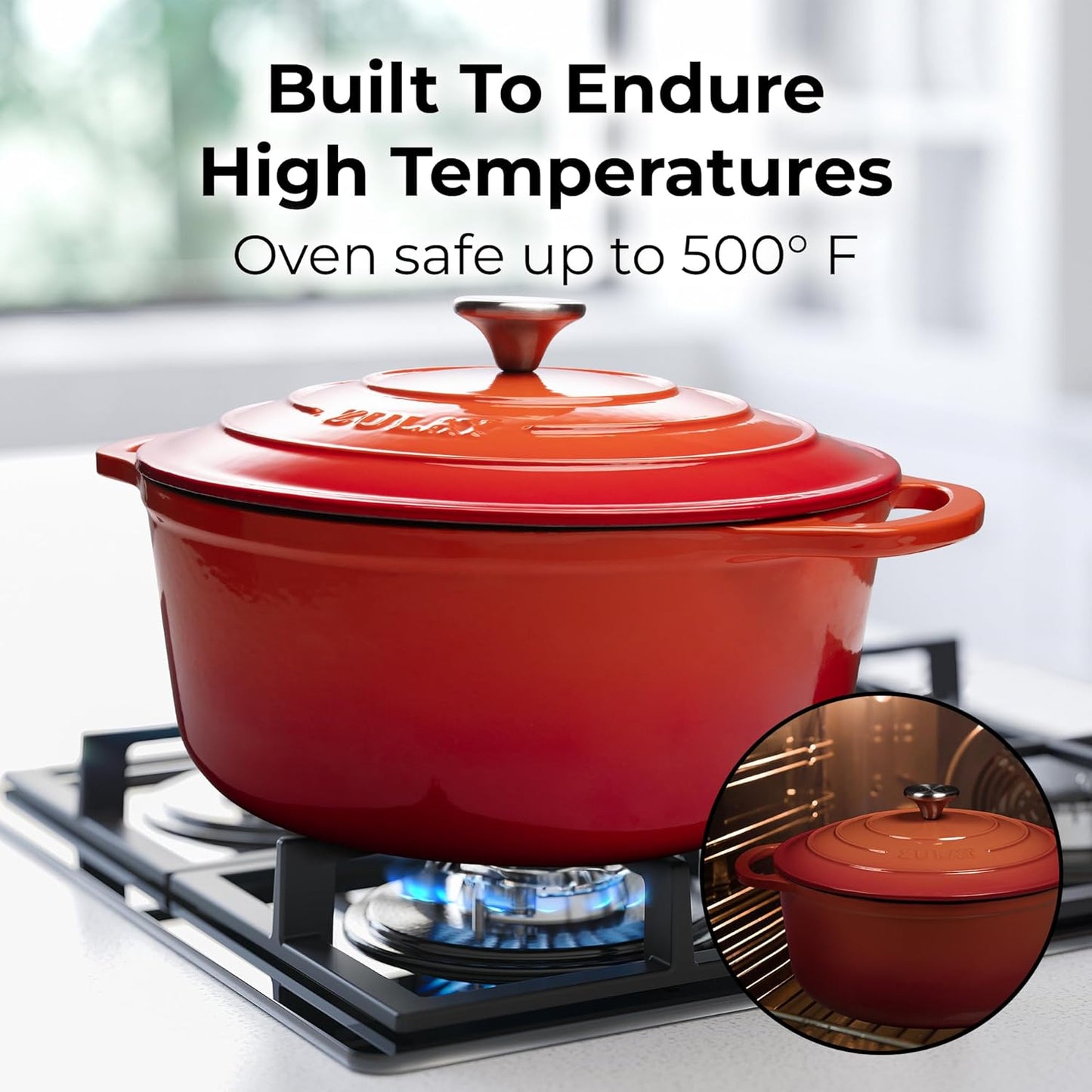 Zulay Kitchen 7.7 Quart Enameled Cast Iron Dutch Oven Pot with Lid – Premium Durability & Oven Safe up to 500°F – Heavy Duty Cookware Perfect for Bread Baking, Stews, Braising & Roasting – Orange