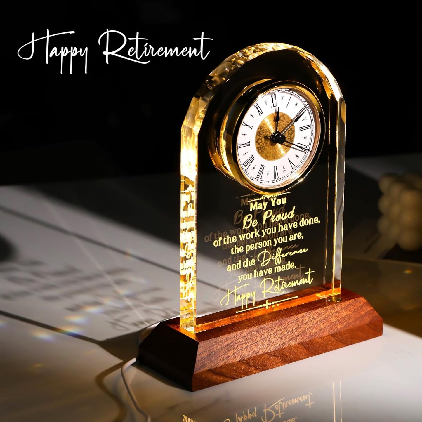 Retirement Clock Gifts for Women Men, Happy Retirement Gifts for Boss Coworkers, Going Away Gift for Retired Friends Leaving Presents for Leader Teacher, K9 Crystal Clock with Light Wooden Base