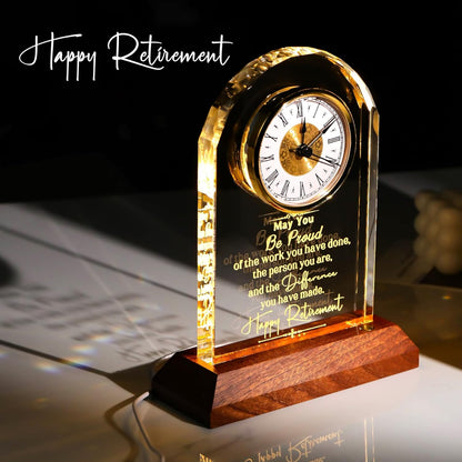 Retirement Clock Gifts for Women Men, Happy Retirement Gifts for Boss Coworkers, Going Away Gift for Retired Friends Leaving Presents for Leader Teacher, K9 Crystal Clock with Light Wooden Base