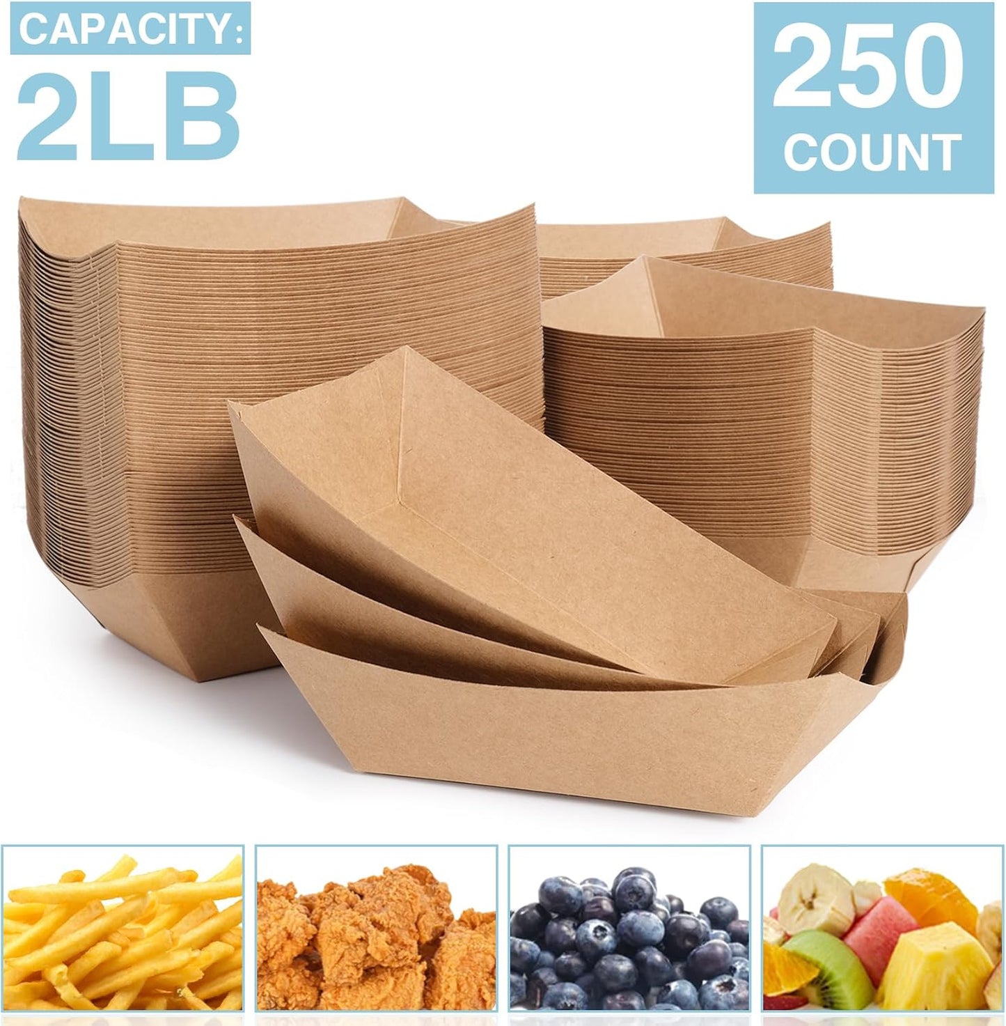 2lb Paper Food Trays, 250 Pack Disposable Paper Food Boat Serving Boats for French Fries Nachos Snack Hot Dog Taco BBQ Popcorn Bachelor Party Picnic