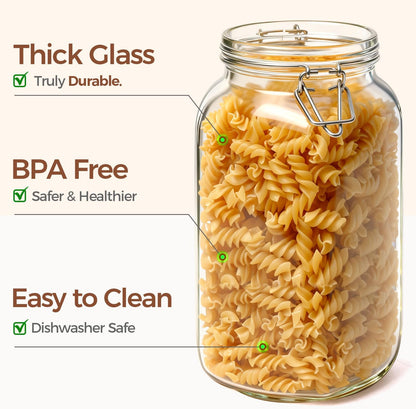 ComSaf Airtight Glass Jars with Lids 0.6 Gallon Set of 3, Food Storage Canister Square-Storage Container with Clear Preserving Seal Wire Clip Fastening for Kitchen Canning Flour, Cereal, Pasta, Bean