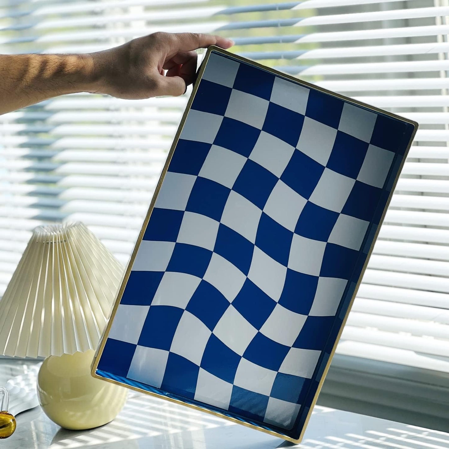 Zosenley Decorative Tray, Marbling Plastic Tray with Handles, Rectangular Vanity Tray and Serving Tray for Bathroom, Kitchen, Ottoman Tray and Coffee Table, 15.6" x 10.2" (Blue and White Checkered)